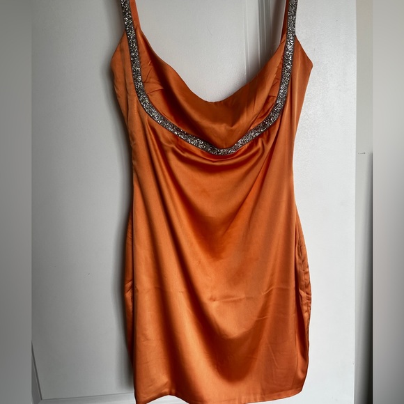 Ocean Shimmer Embellished Satin Bodycon Mini Dress in Orange - Picture 2 of 4